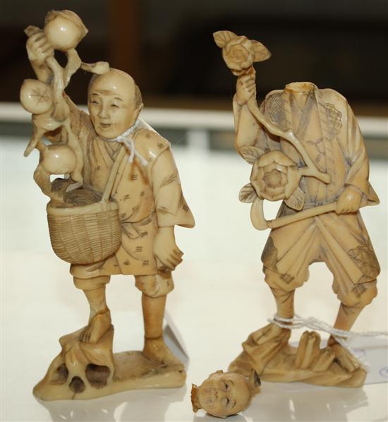 Two Japanese Meiji carved ivory okimonos of street vendors, one signed to base, one with part paper label (damaged)